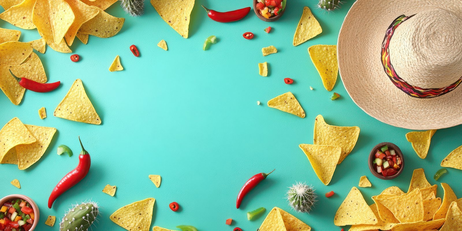 Colorful party spread with tortilla chips, fresh salsa, and decorative elements on a vibrant background